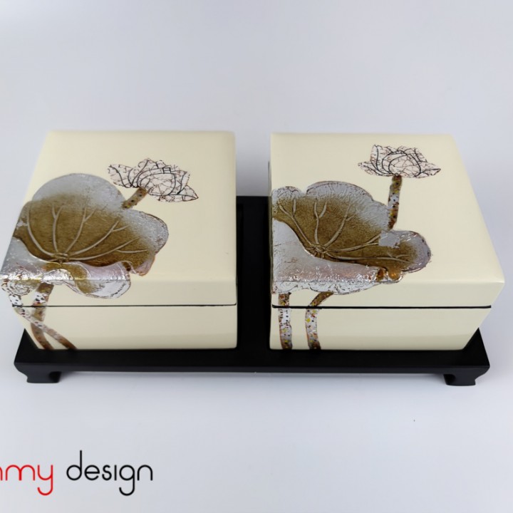 Set of 2 white square boxes hand-painted with lotus included with stand 12*H8cm